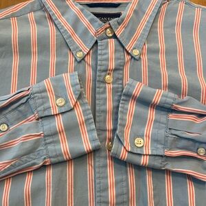 American Eagle Outfitters Men's Blue and Red Striped Button Down Shirt